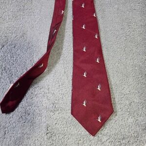 DAKS Mens OS Necktie Burgundy Red Silk Mallard Duck Bird Pattern Vintage Tie‎